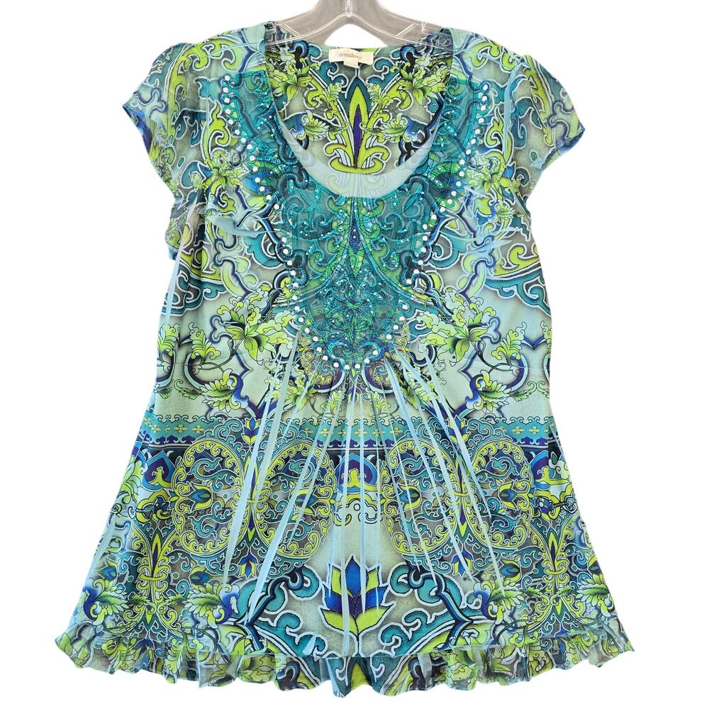 Dressbarn Blue Teal Floral Shirt Studded Lace Scoop Neck Cap Sleeves Women L Top